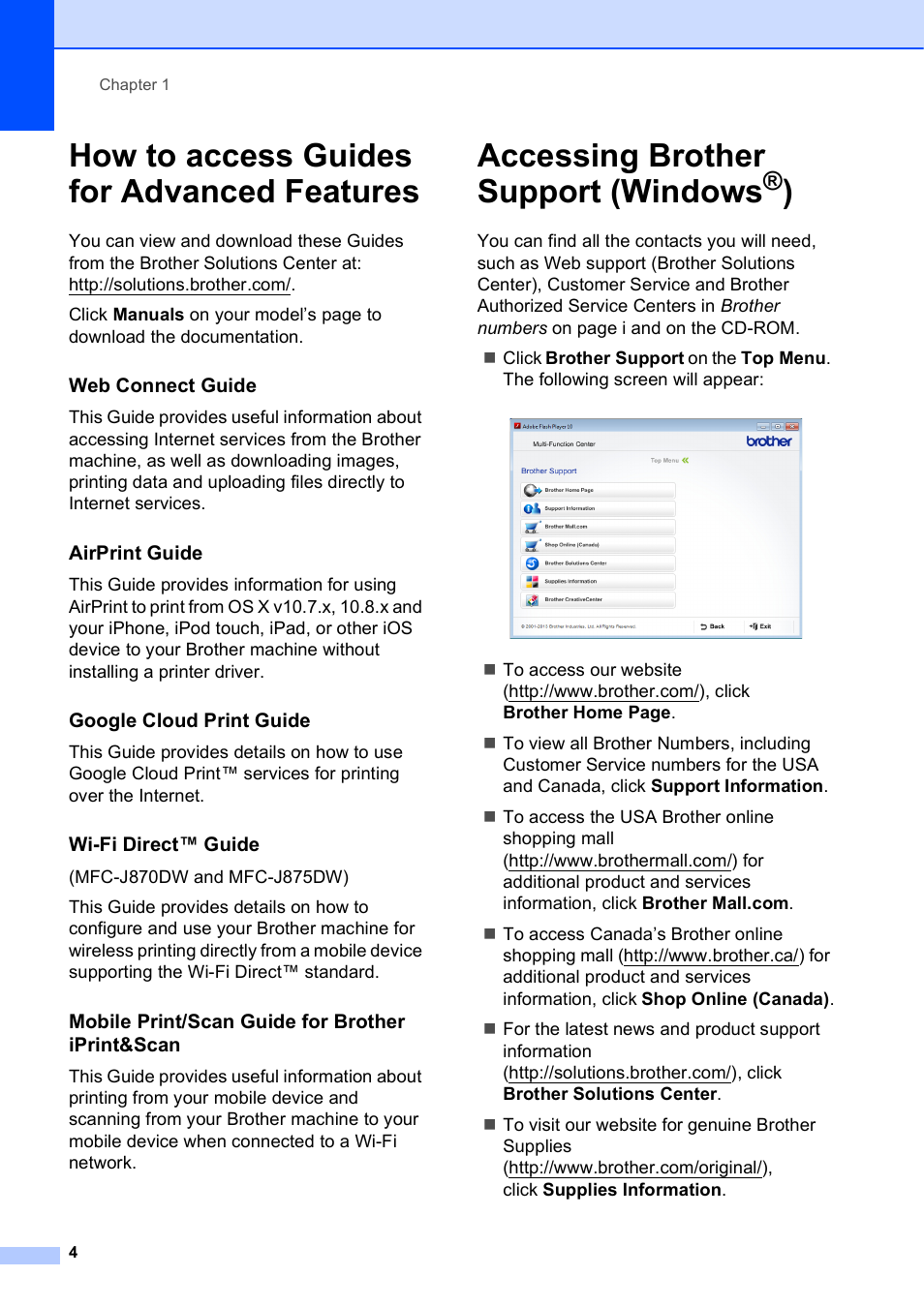 How to access guides for advanced features, Accessing brother support (windows®), Accessing brother support (windows | Brother MFC-J650DW User Manual | Page 18 / 203