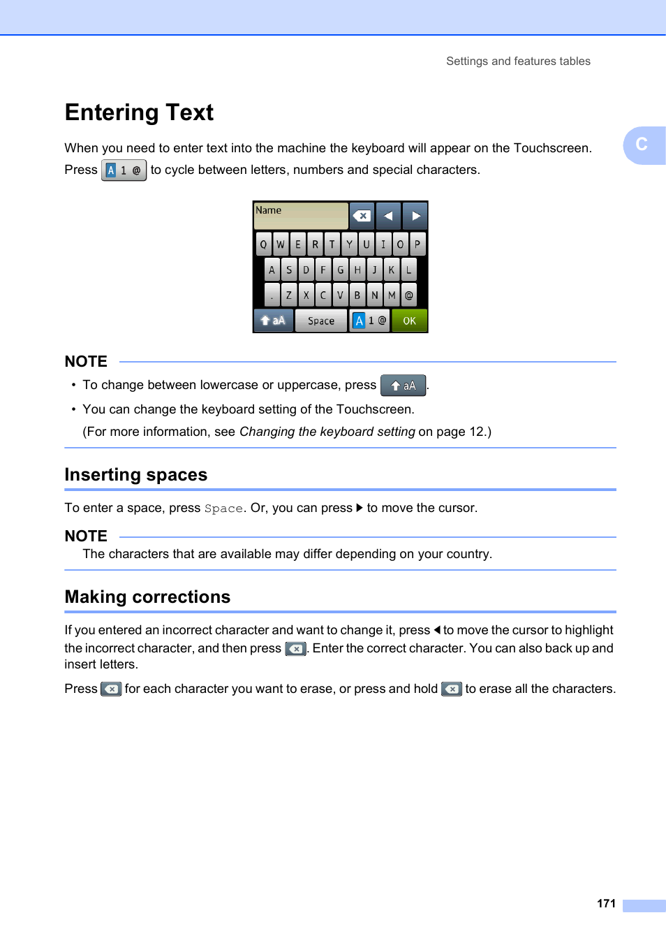 Entering text, Inserting spaces, Making corrections | Inserting spaces making corrections | Brother MFC-J650DW User Manual | Page 185 / 203