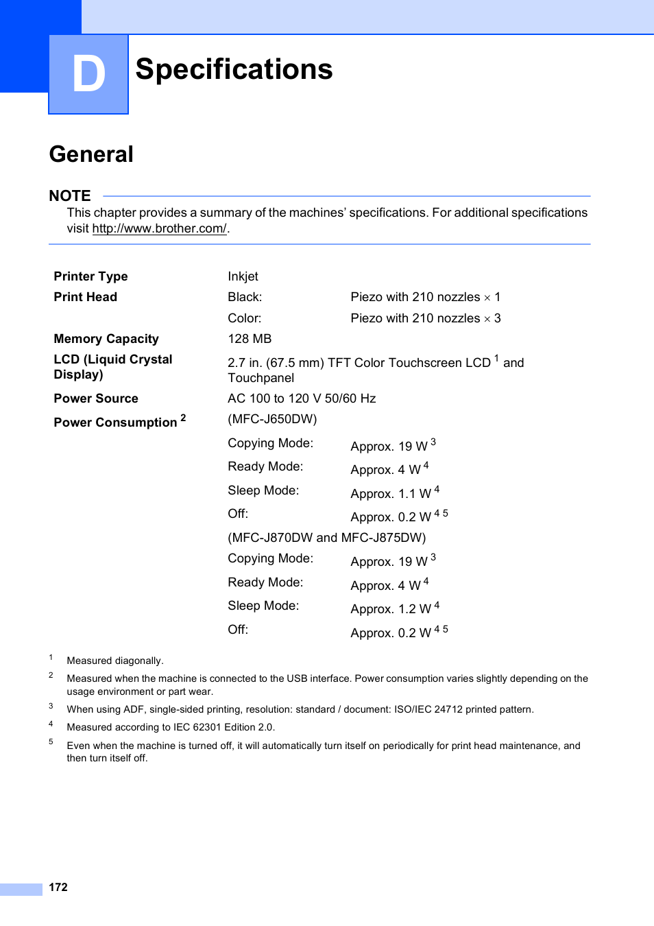 D specifications, General, Specifications | Brother MFC-J650DW User Manual | Page 186 / 203