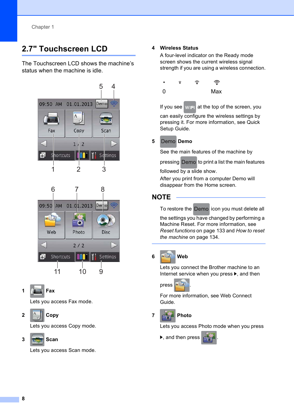 7" touchscreen lcd | Brother MFC-J650DW User Manual | Page 22 / 203