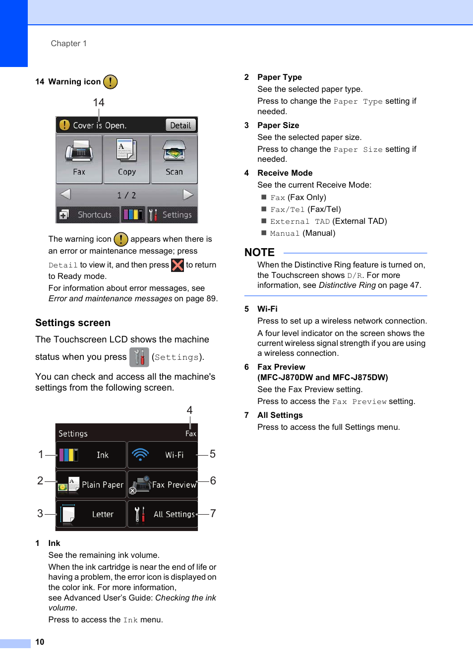 Settings screen | Brother MFC-J650DW User Manual | Page 24 / 203