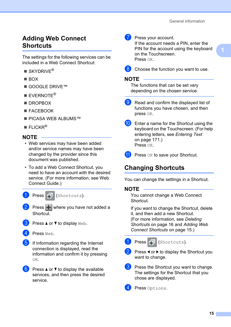 Adding web connect shortcuts, Changing shortcuts, Adding web connect shortcuts changing shortcuts | 1adding web connect shortcuts | Brother MFC-J650DW User Manual | Page 29 / 203