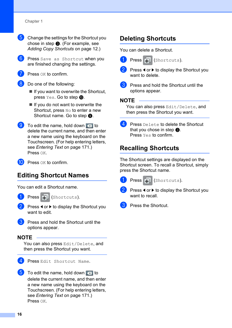 Editing shortcut names, Deleting shortcuts, Recalling shortcuts | Brother MFC-J650DW User Manual | Page 30 / 203