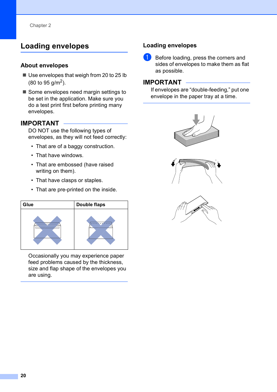 Loading envelopes, About envelopes, Important | Brother MFC-J650DW User Manual | Page 34 / 203