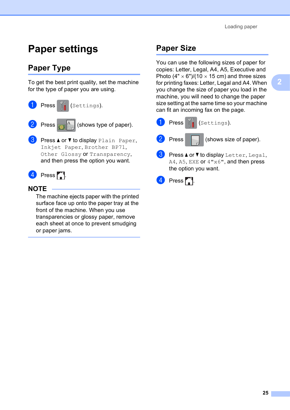 Paper settings, Paper type, Paper size | Paper type paper size | Brother MFC-J650DW User Manual | Page 39 / 203