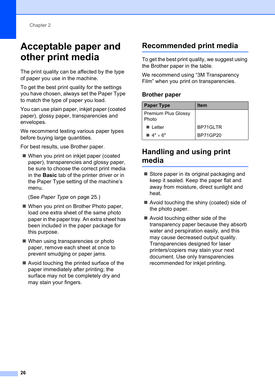 Acceptable paper and other print media, Recommended print media, Handling and using print media | Brother MFC-J650DW User Manual | Page 40 / 203