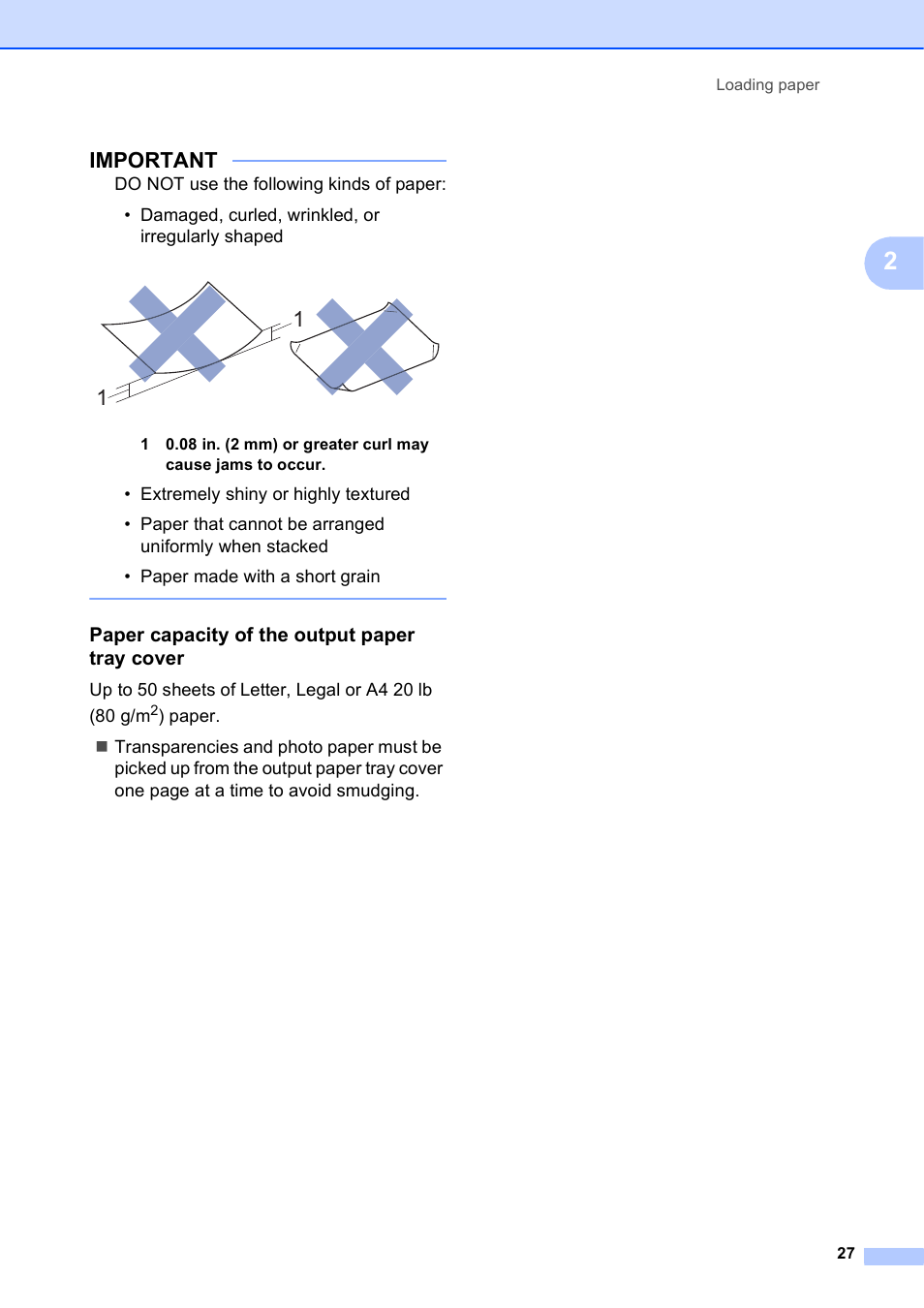 Paper capacity of the output paper tray cover, Important | Brother MFC-J650DW User Manual | Page 41 / 203