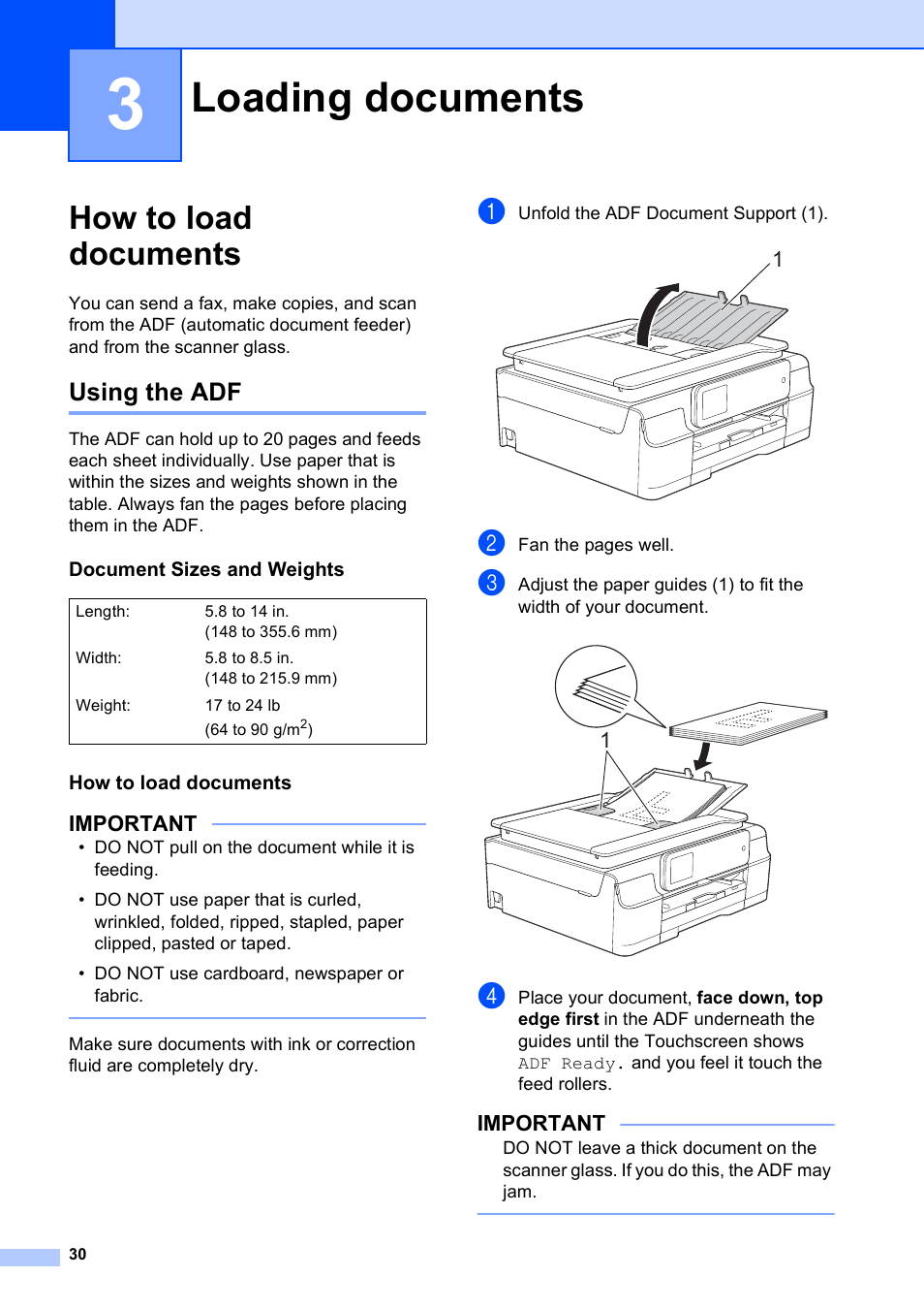 3 loading documents, How to load documents, Using the adf | Document sizes and weights, Loading documents, Important | Brother MFC-J650DW User Manual | Page 44 / 203