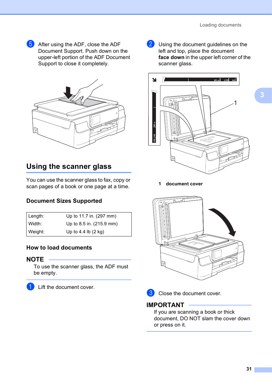 Using the scanner glass, Document sizes supported, How to load documents | Important | Brother MFC-J650DW User Manual | Page 45 / 203