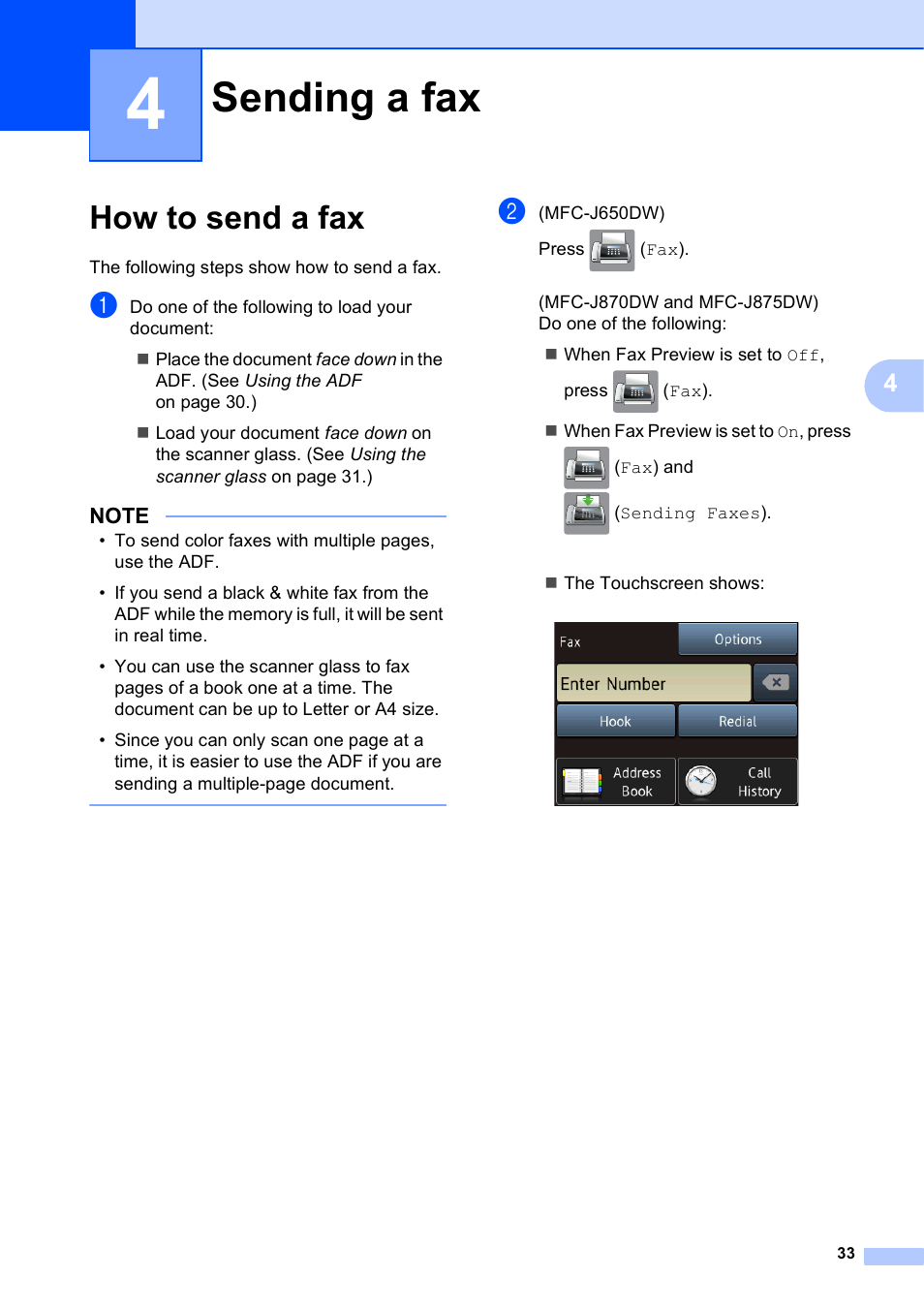 4 sending a fax, How to send a fax, Sending a fax | Brother MFC-J650DW User Manual | Page 47 / 203