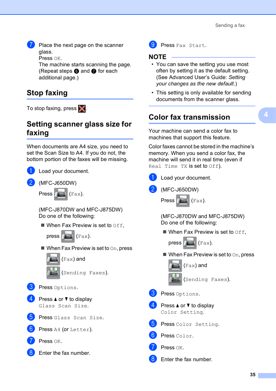 Stop faxing, Setting scanner glass size for faxing, Color fax transmission | 35 t | Brother MFC-J650DW User Manual | Page 49 / 203