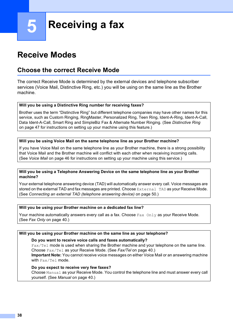 5 receiving a fax, Receive modes, Choose the correct receive mode | Receiving a fax | Brother MFC-J650DW User Manual | Page 52 / 203