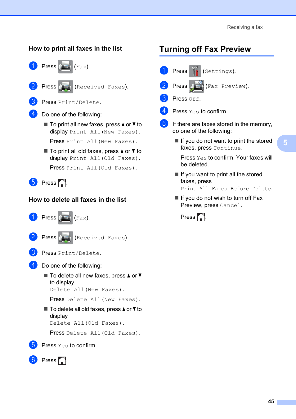 How to print all faxes in the list, How to delete all faxes in the list, Turning off fax preview | Brother MFC-J650DW User Manual | Page 59 / 203