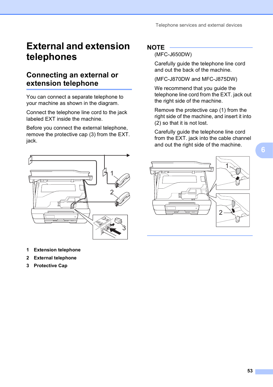 External and extension telephones, Connecting an external or extension telephone | Brother MFC-J650DW User Manual | Page 67 / 203