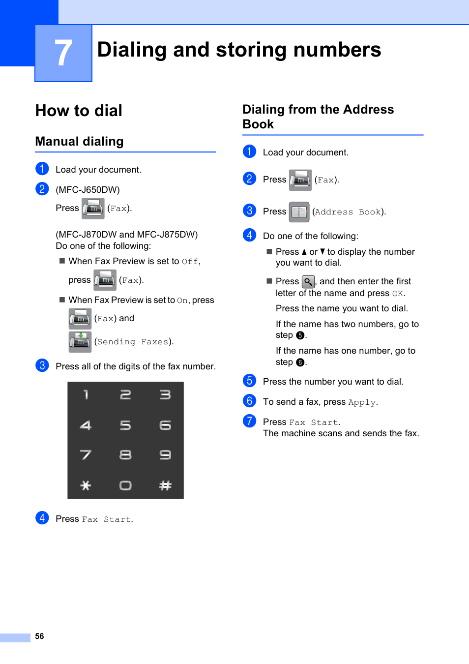 7 dialing and storing numbers, How to dial, Manual dialing | Dialing from the address book, Dialing and storing numbers, Manual dialing dialing from the address book | Brother MFC-J650DW User Manual | Page 70 / 203