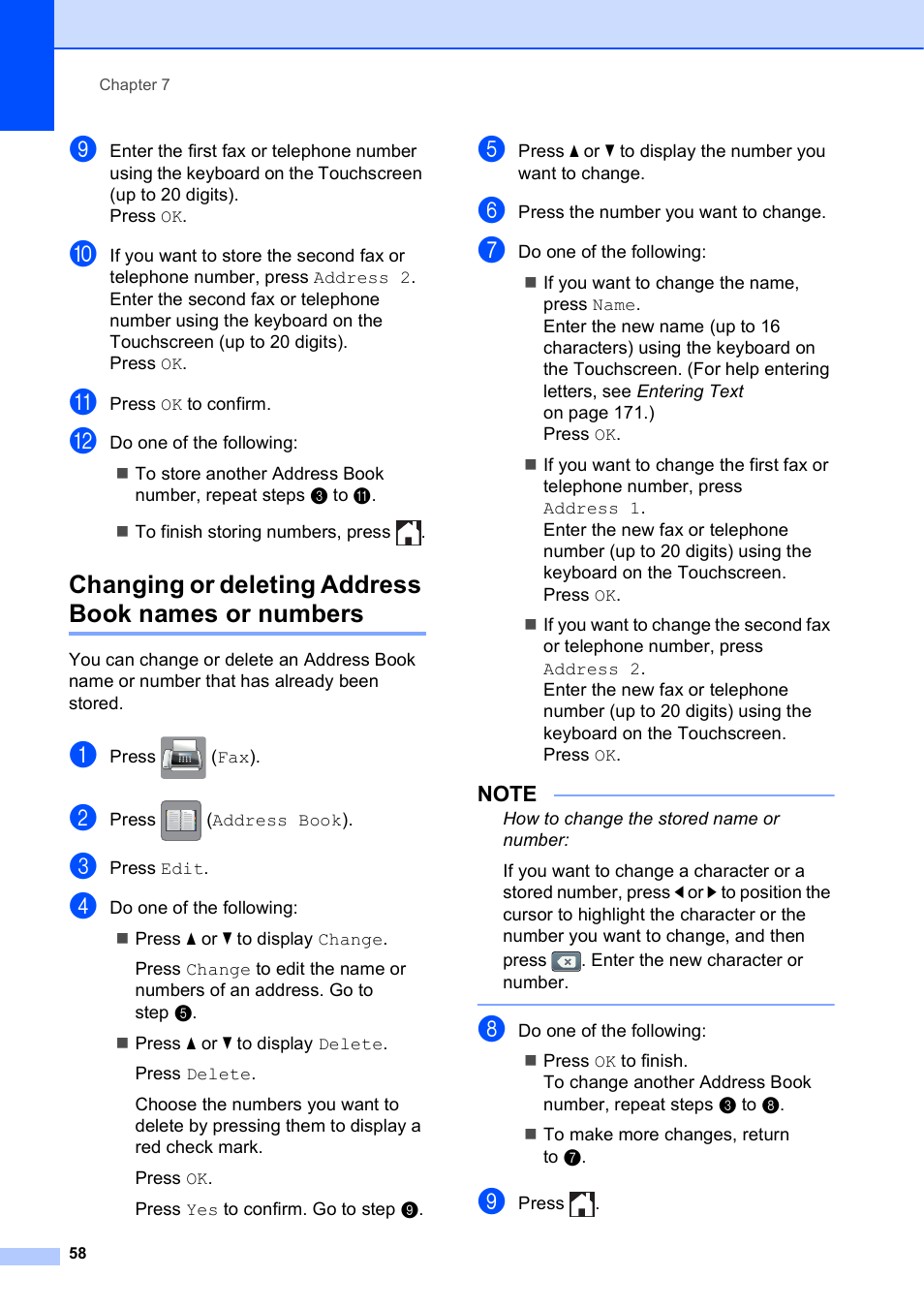 Changing or deleting address book names or numbers | Brother MFC-J650DW User Manual | Page 72 / 203