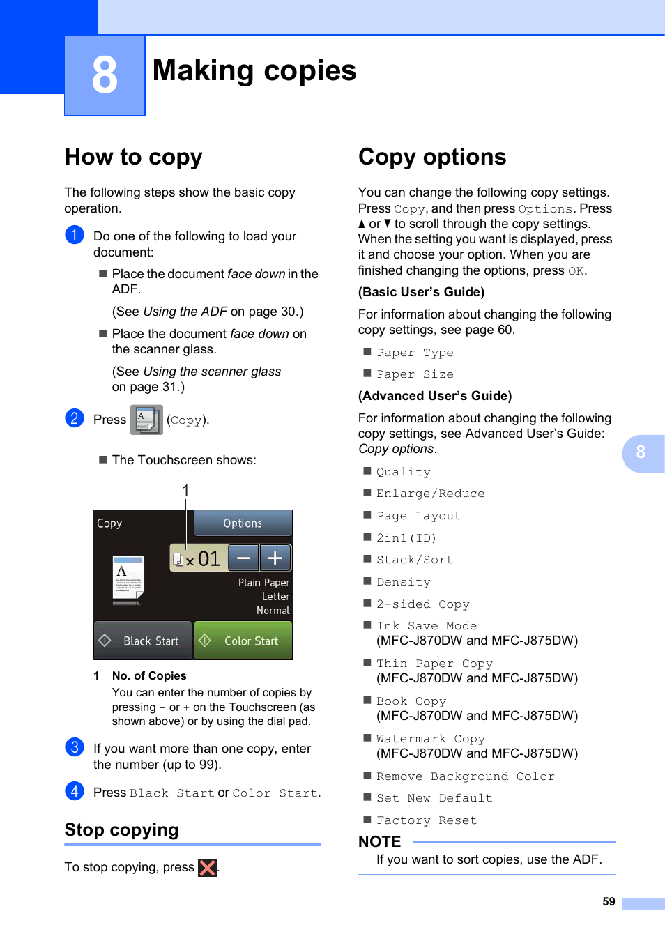 8 making copies, How to copy, Stop copying | Copy options, Making copies | Brother MFC-J650DW User Manual | Page 73 / 203