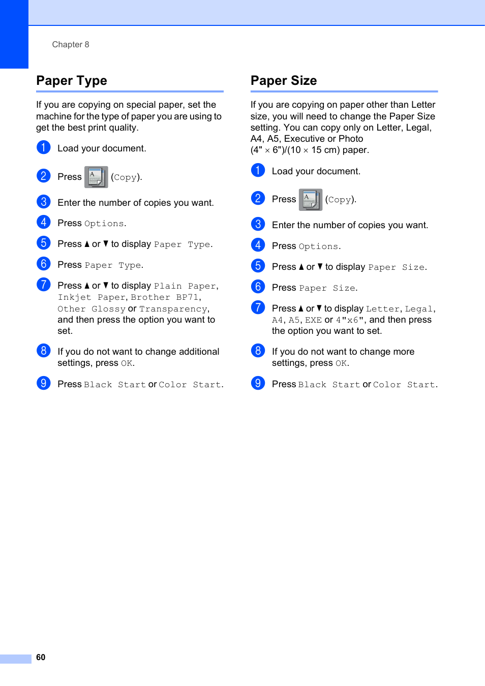Paper type, Paper size, Paper type paper size | Brother MFC-J650DW User Manual | Page 74 / 203