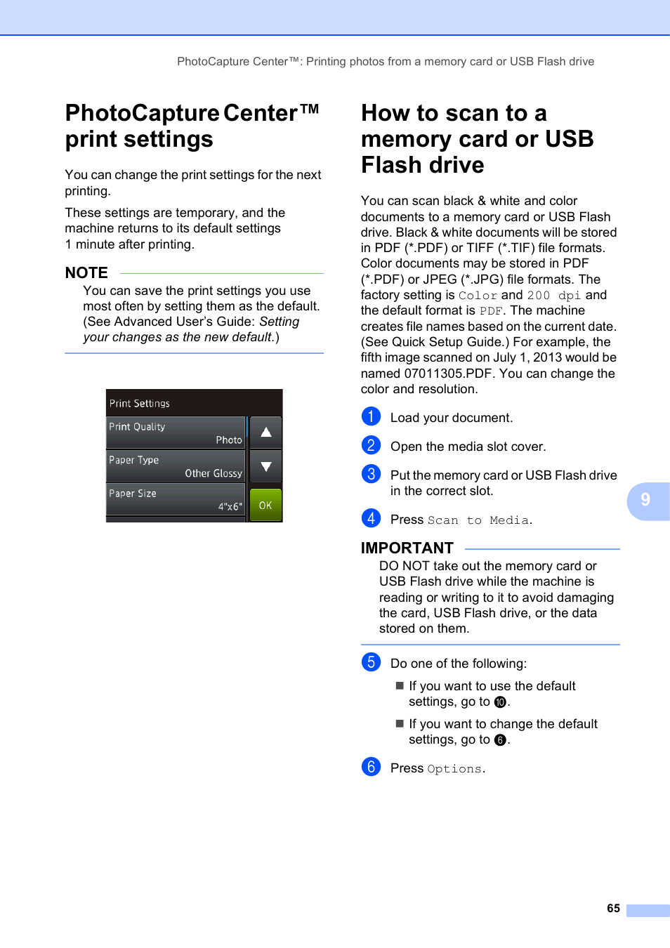 Photocapture center™ print settings, How to scan to a memory card or usb flash drive | Brother MFC-J650DW User Manual | Page 79 / 203