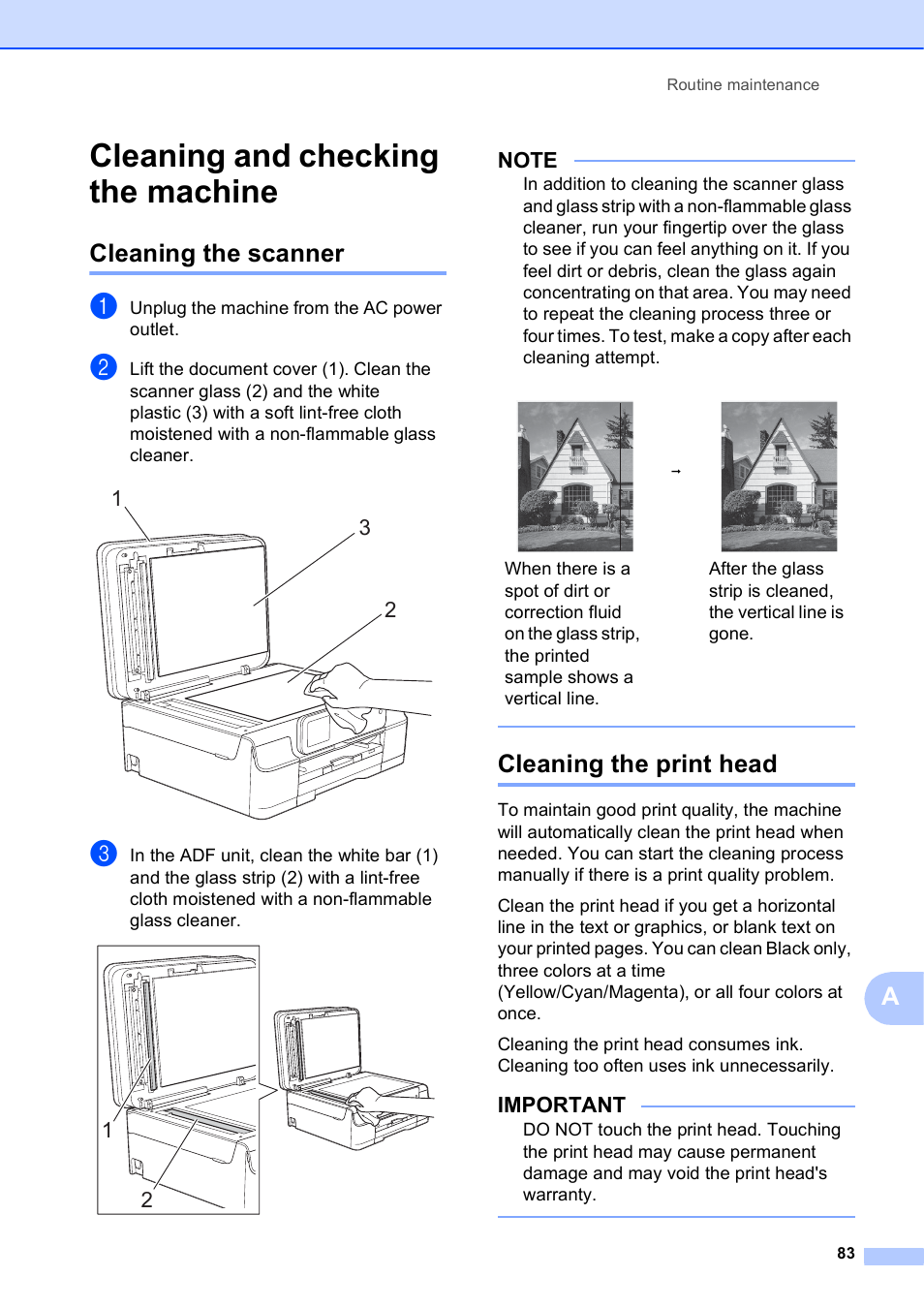 Cleaning and checking the machine, Cleaning the scanner, Cleaning the print head | Cleaning the scanner cleaning the print head, Important | Brother MFC-J650DW User Manual | Page 97 / 203