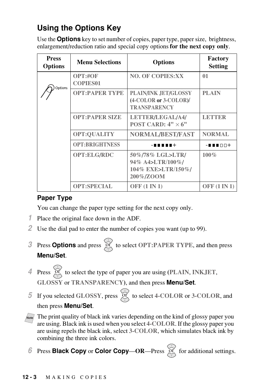 Using the options key, Paper type, Using the options key -3 | Paper type -3 | Brother FAX-1800C User Manual | Page 100 / 144