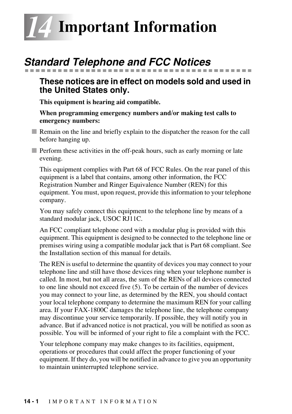 14 important information, Standard telephone and fcc notices, Important information -1 | Standard telephone and fcc notices -1, Important information | Brother FAX-1800C User Manual | Page 108 / 144