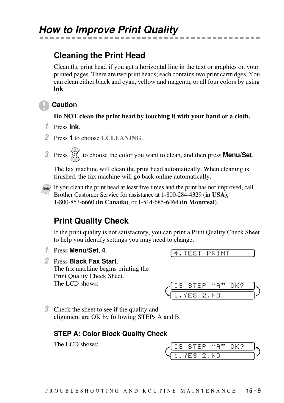 How to improve print quality, Cleaning the print head, Print quality check | Step a: color block quality check, How to improve print quality -9, Cleaning the print head -9 print quality check -9, Step a: color block quality check -9 | Brother FAX-1800C User Manual | Page 121 / 144