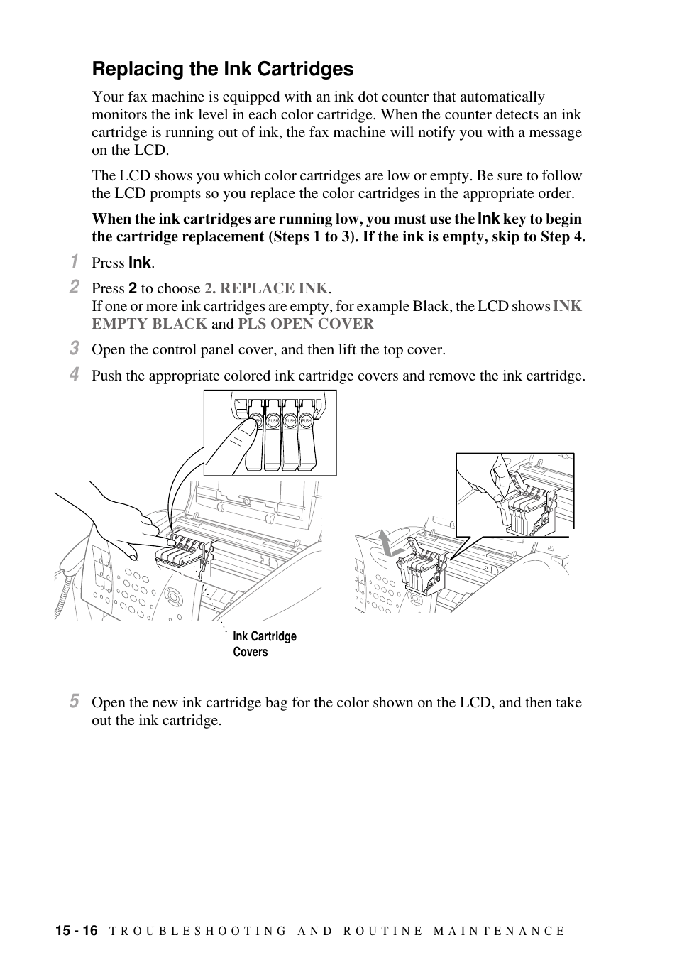 Replacing the ink cartridges, Replacing the ink cartridges -16 | Brother FAX-1800C User Manual | Page 128 / 144