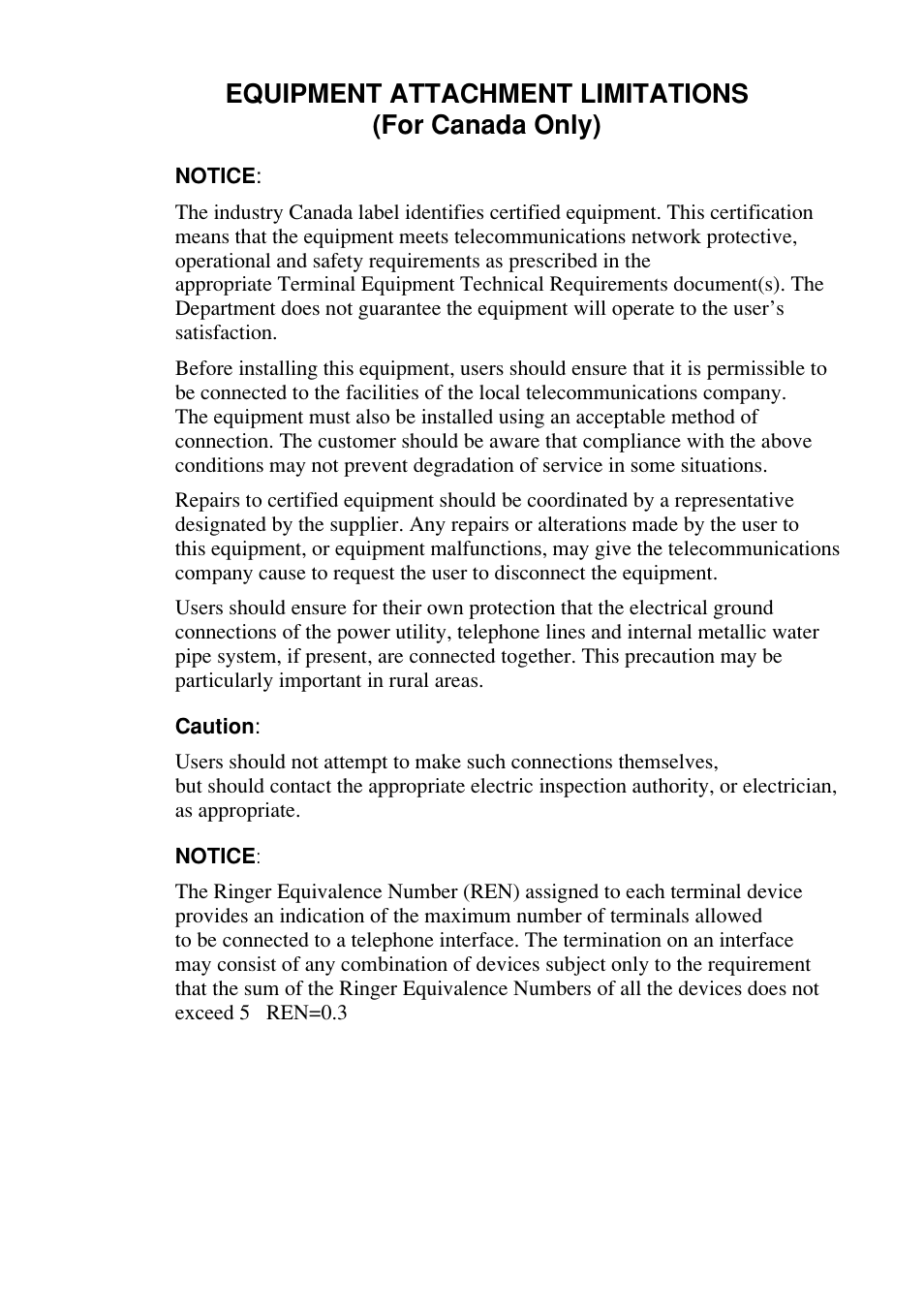 Equipment attachment limitations (for canada only) | Brother FAX-1800C User Manual | Page 143 / 144