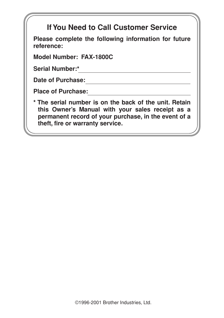 If you need to call customer service | Brother FAX-1800C User Manual | Page 2 / 144