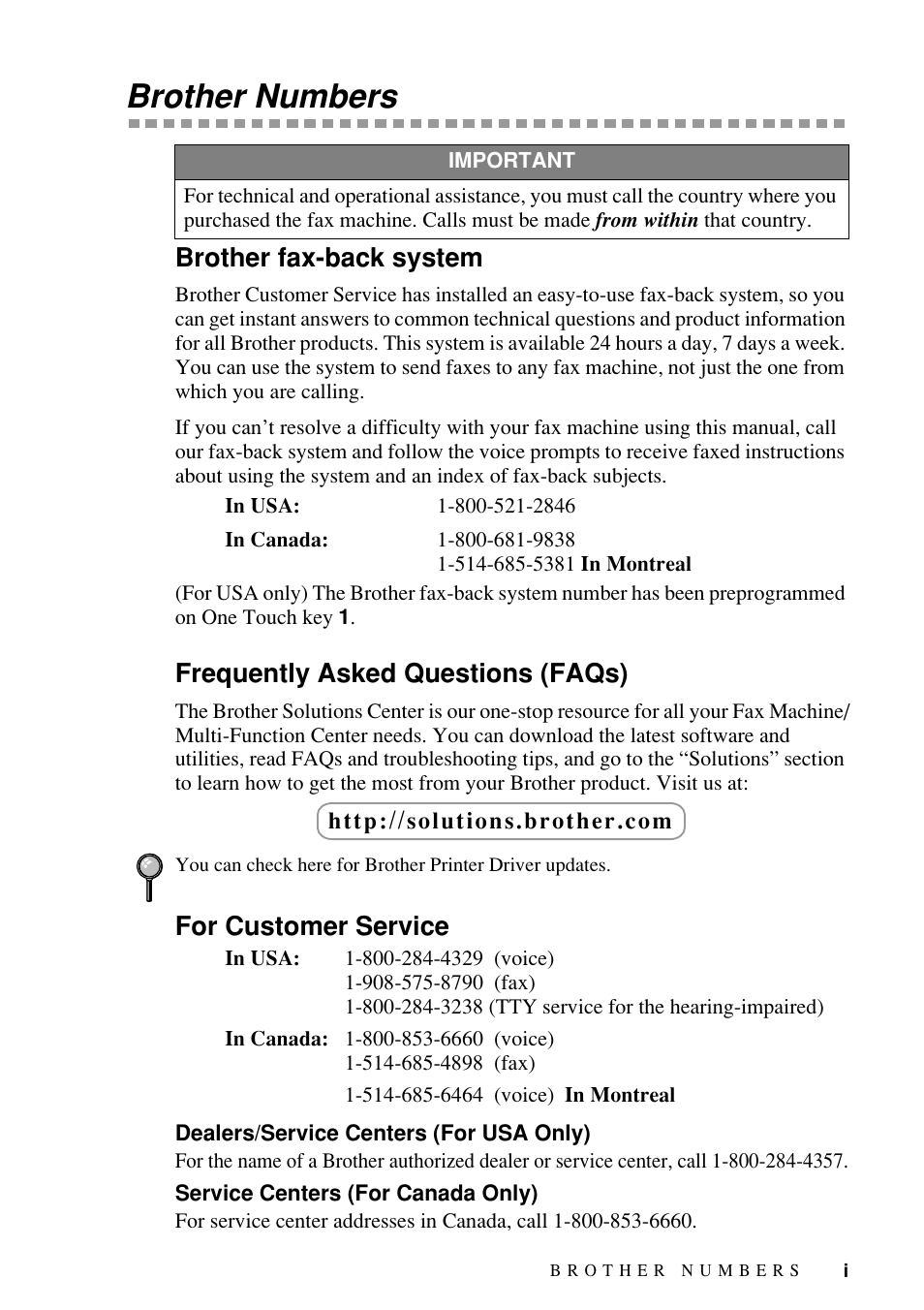 Brother numbers, Brother fax-back system, Frequently asked questions (faqs) | For customer service, Dealers/service centers (for usa only), Service centers (for canada only) | Brother FAX-1800C User Manual | Page 3 / 144