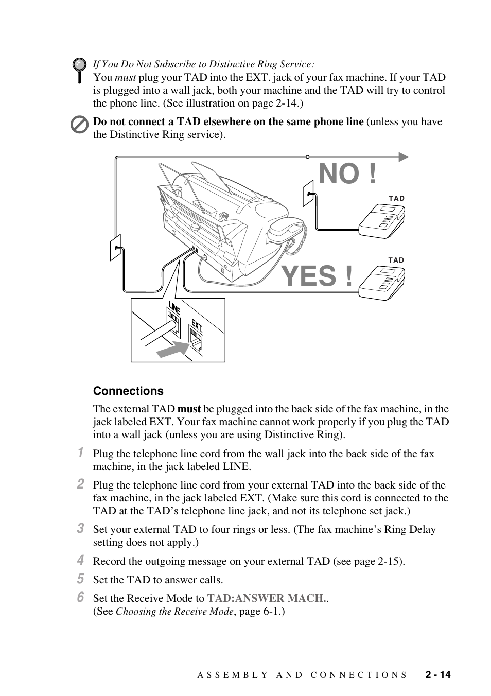 Connections, Connections -14, No ! yes | Brother FAX-1800C User Manual | Page 37 / 144