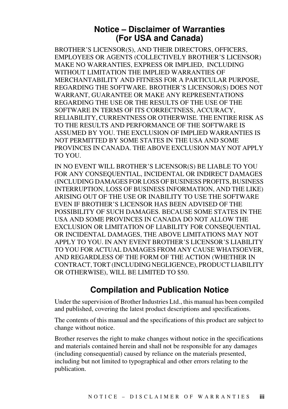 Compilation and publication notice | Brother FAX-1800C User Manual | Page 5 / 144