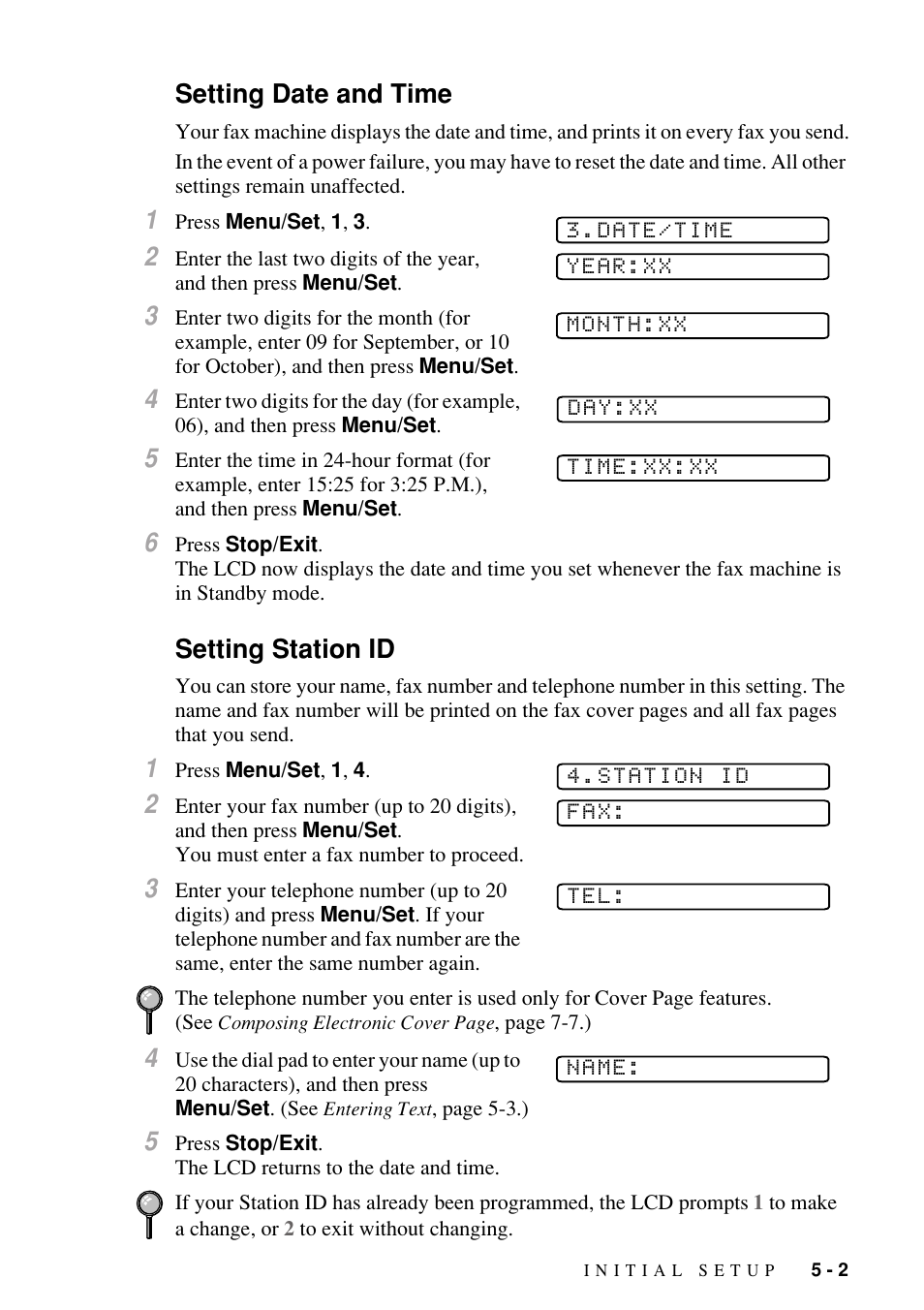 Setting date and time, Setting station id, Setting date and time -2 setting station id -2 | Brother FAX-1800C User Manual | Page 55 / 144