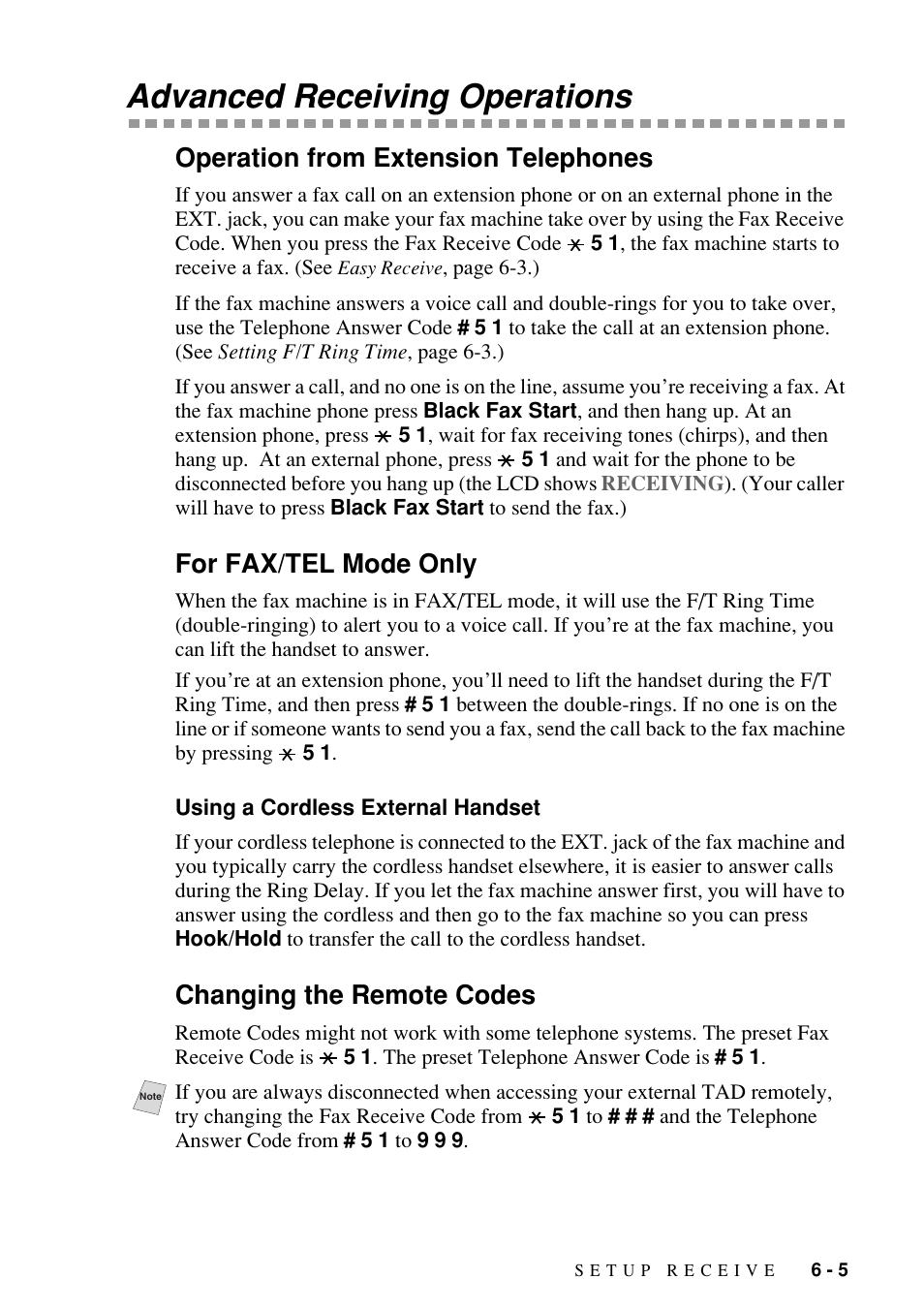 Advanced receiving operations, Operation from extension telephones, For fax/tel mode only | Using a cordless external handset, Changing the remote codes, Advanced receiving operations -5, Using a cordless external handset -5, Changing the remote codes -5 | Brother FAX-1800C User Manual | Page 65 / 144