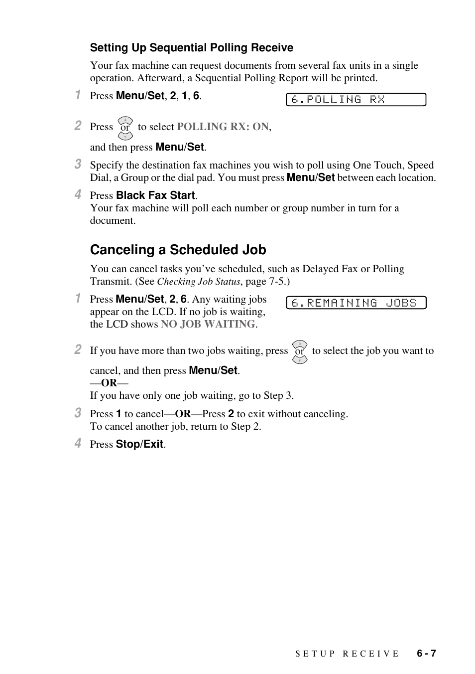 Setting up sequential polling receive, Canceling a scheduled job, Setting up sequential polling receive -7 | Canceling a scheduled job -7 | Brother FAX-1800C User Manual | Page 67 / 144