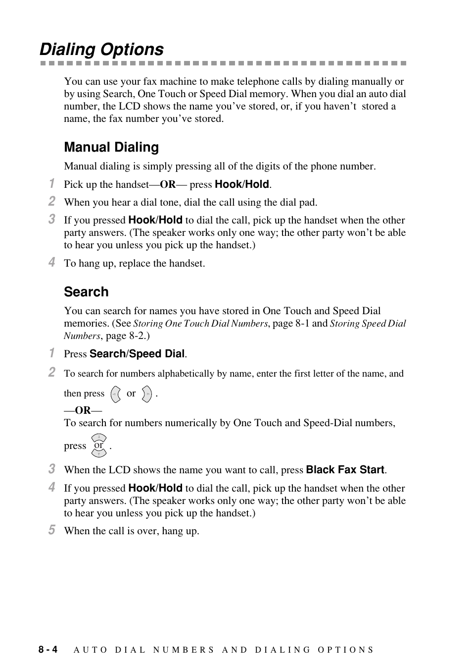 Dialing options, Manual dialing, Search | Dialing options -4, Manual dialing -4 search -4 | Brother FAX-1800C User Manual | Page 82 / 144