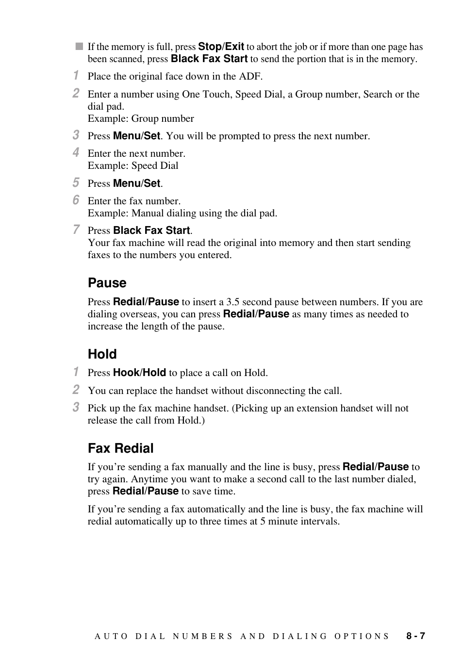 Pause, Hold, Fax redial | Pause -7 hold -7 fax redial -7 | Brother FAX-1800C User Manual | Page 85 / 144