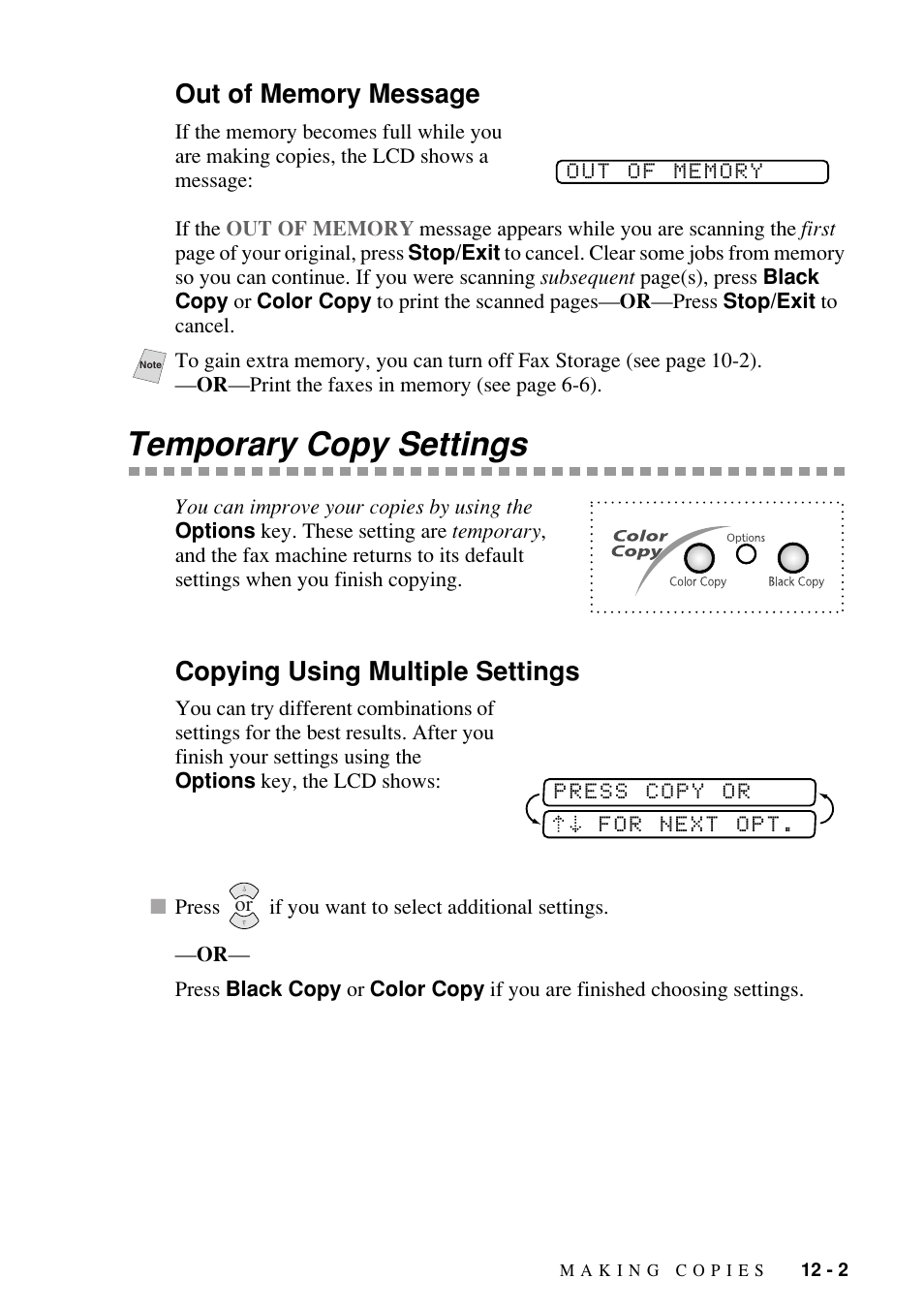 Out of memory message, Temporary copy settings, Copying using multiple settings | Out of memory message -2, Temporary copy settings -2, Copying using multiple settings -2 | Brother FAX-1800C User Manual | Page 99 / 144