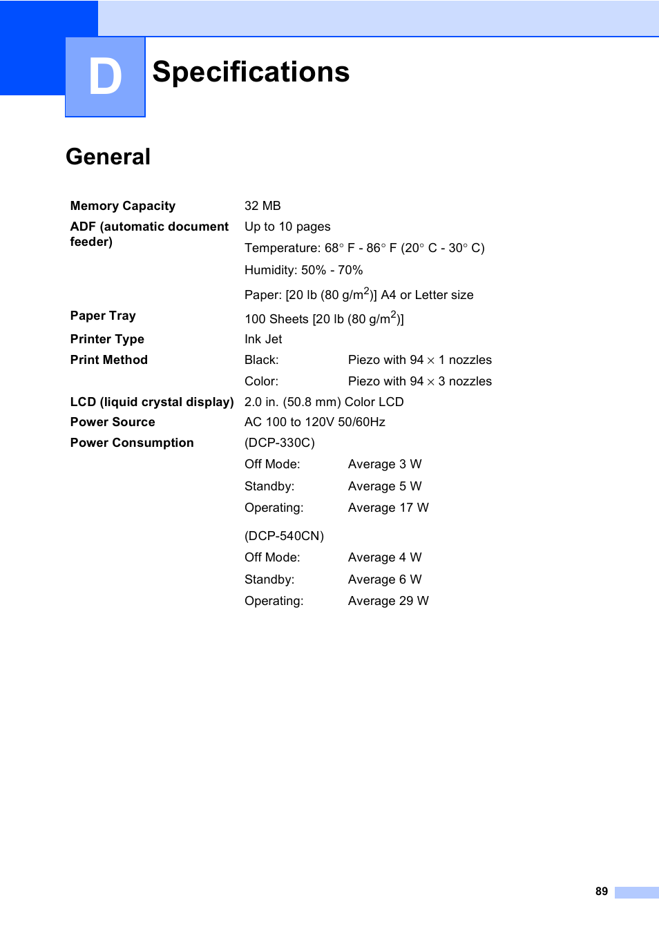 D specifications, General, Specifications | Brother DCP-330C User Manual | Page 101 / 116