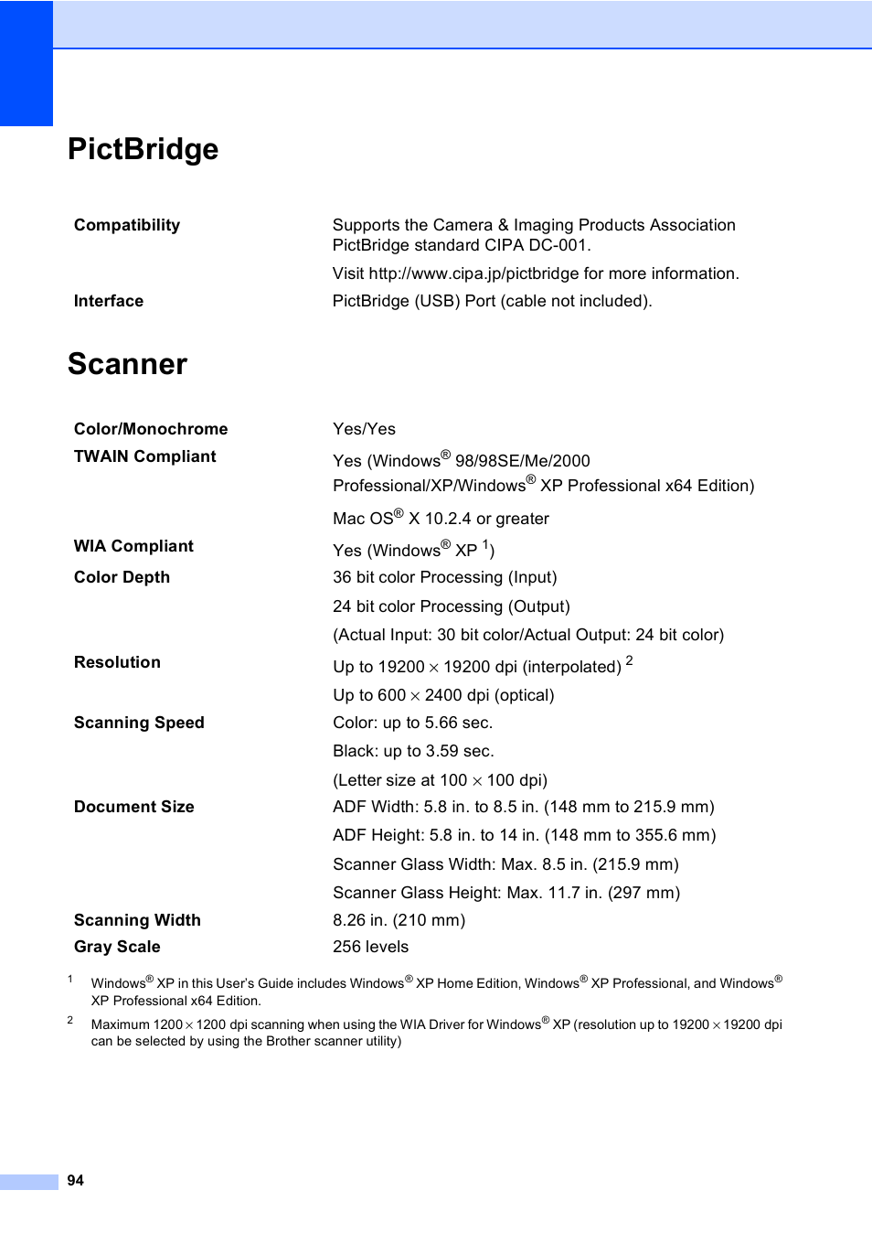 Pictbridge, Scanner, Pictbridge scanner | Brother DCP-330C User Manual | Page 106 / 116