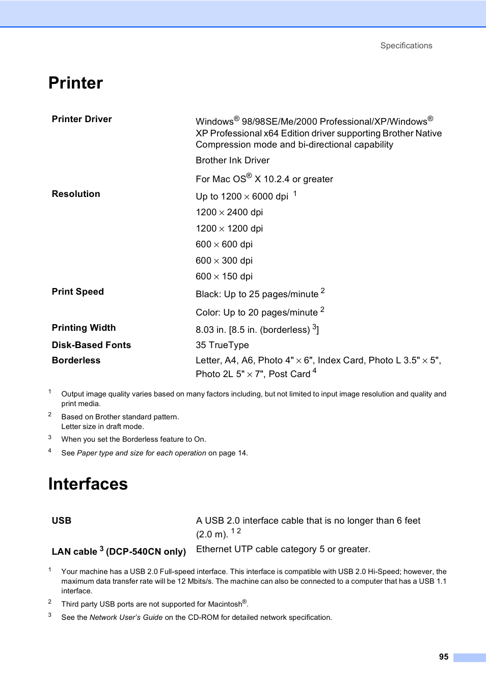 Printer, Interfaces, Printer interfaces | Brother DCP-330C User Manual | Page 107 / 116