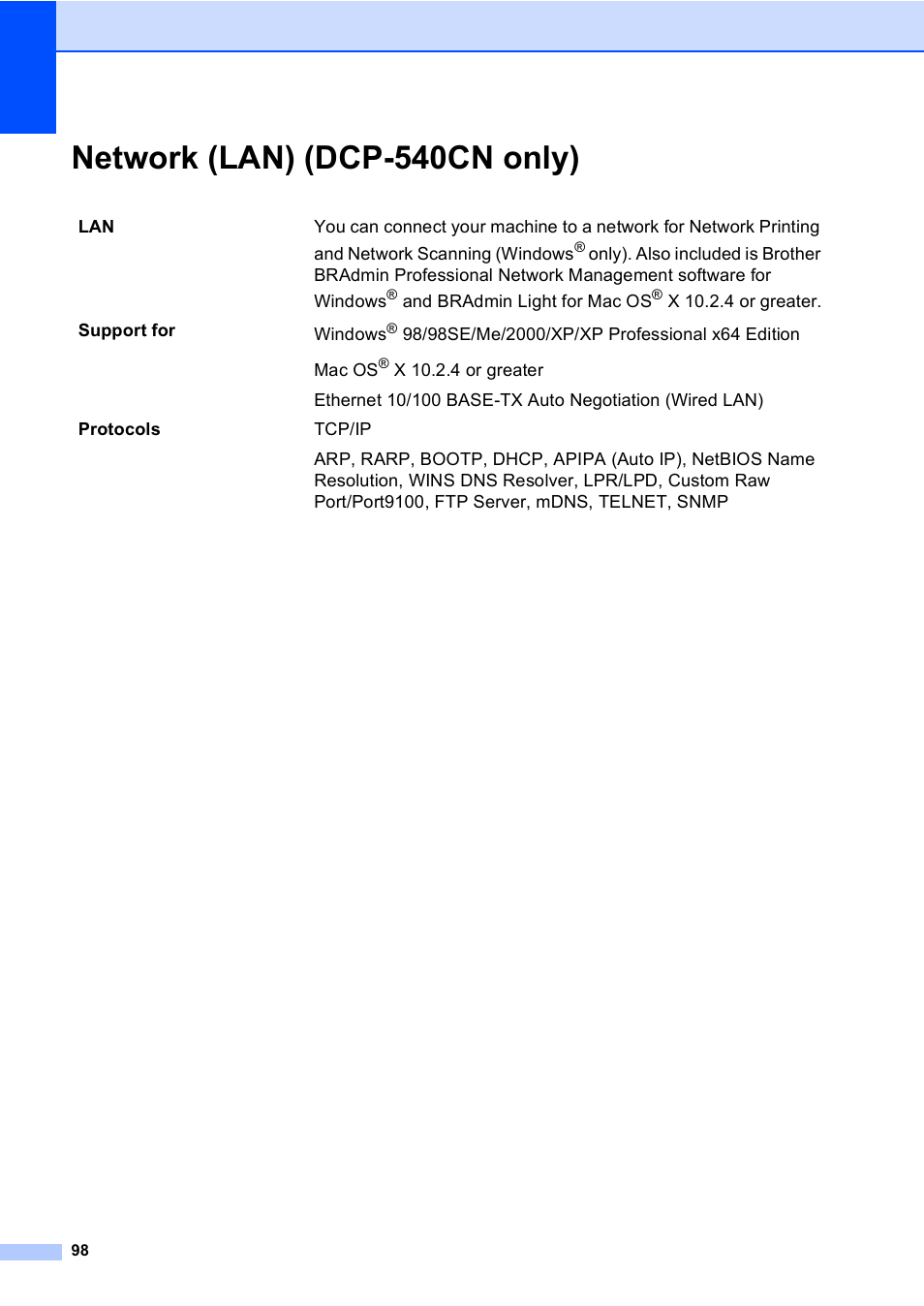 Network (lan) (dcp-540cn only) | Brother DCP-330C User Manual | Page 110 / 116