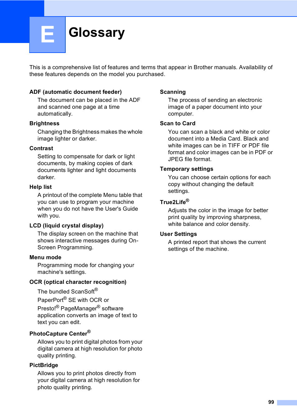 E glossary, Glossary | Brother DCP-330C User Manual | Page 111 / 116