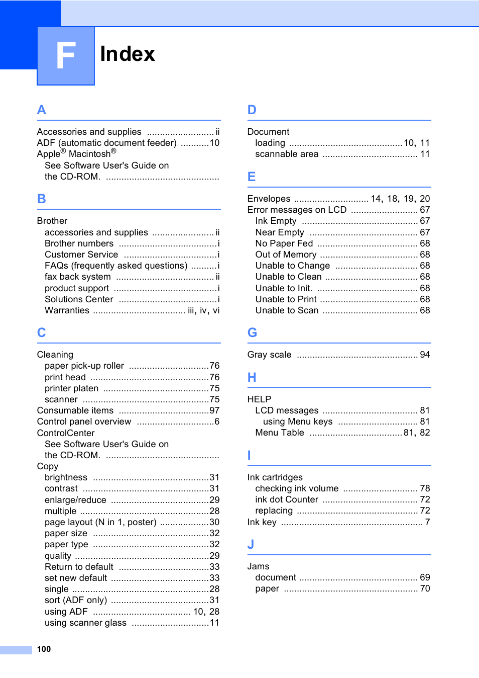 Index | Brother DCP-330C User Manual | Page 112 / 116