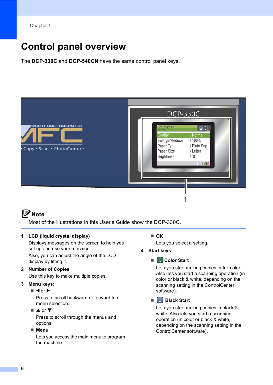 Control panel overview | Brother DCP-330C User Manual | Page 18 / 116