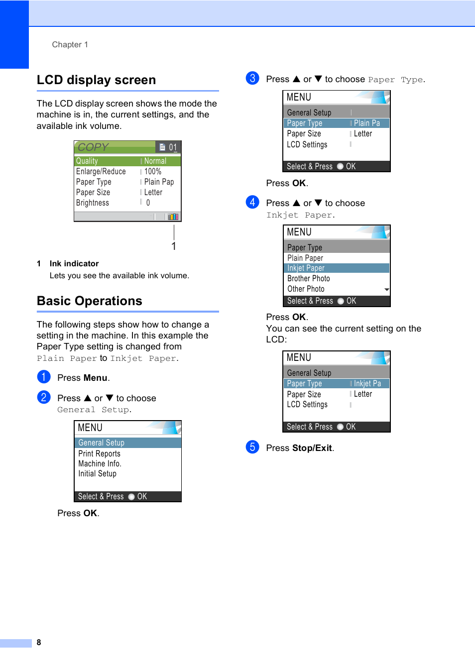 Lcd display screen, Basic operations, Lcd display screen basic operations | Copy, Menu | Brother DCP-330C User Manual | Page 20 / 116