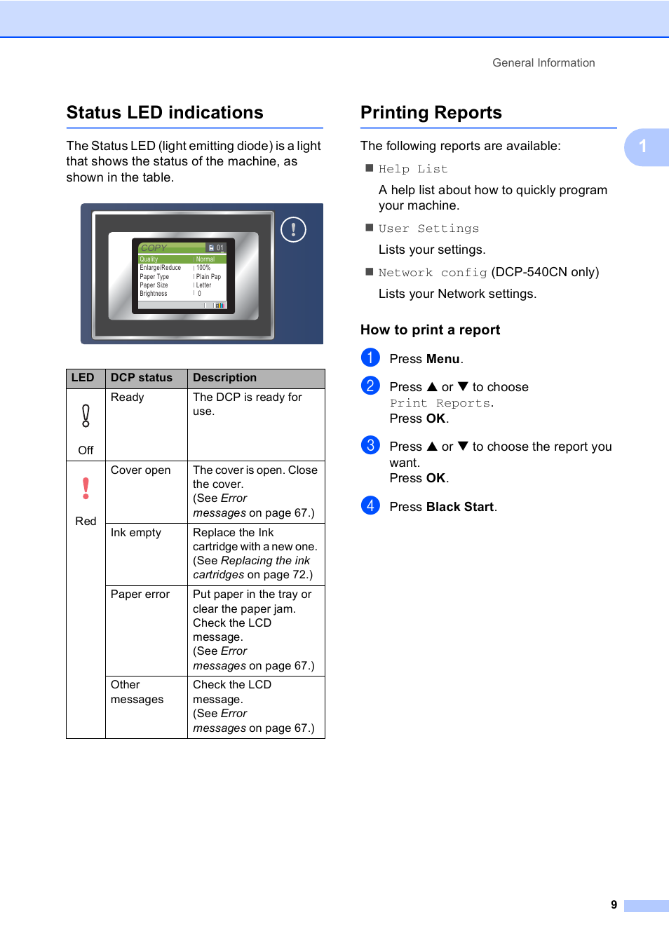 Status led indications, Printing reports, How to print a report | Status led indications printing reports, 1status led indications | Brother DCP-330C User Manual | Page 21 / 116