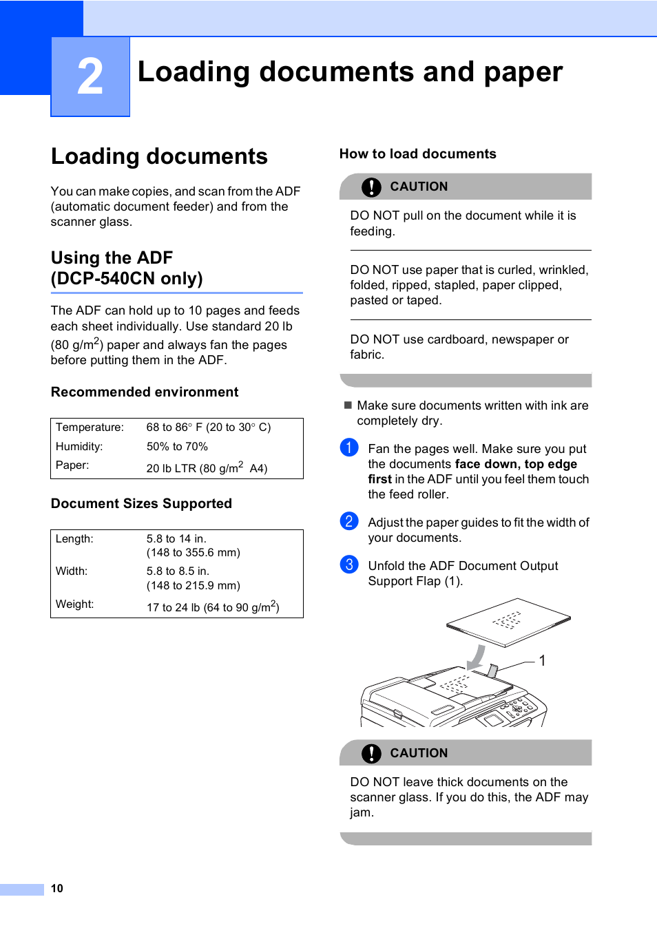 2 loading documents and paper, Loading documents, Using the adf (dcp-540cn only) | Recommended environment, Document sizes supported, How to load documents, Loading documents and paper | Brother DCP-330C User Manual | Page 22 / 116