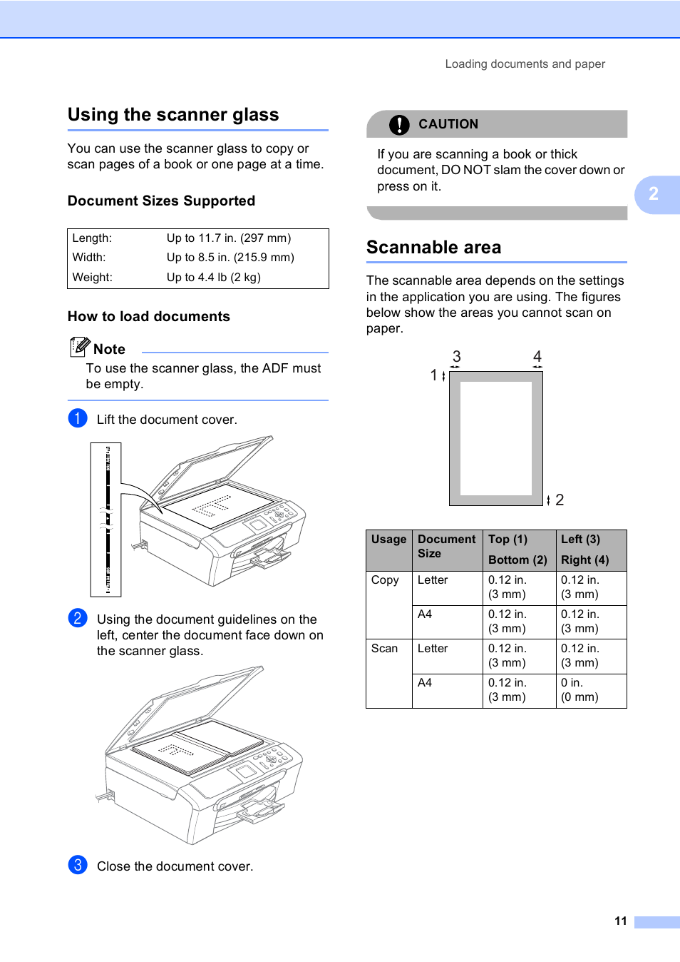 Using the scanner glass, Document sizes supported, How to load documents | Scannable area, Using the scanner glass scannable area, 2using the scanner glass | Brother DCP-330C User Manual | Page 23 / 116